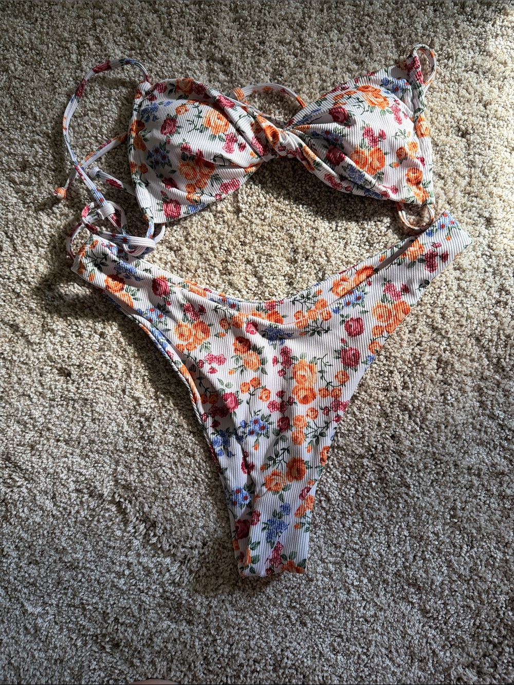 SHEIN Floral Ribbed Bikini Set in White, Orange, Pink